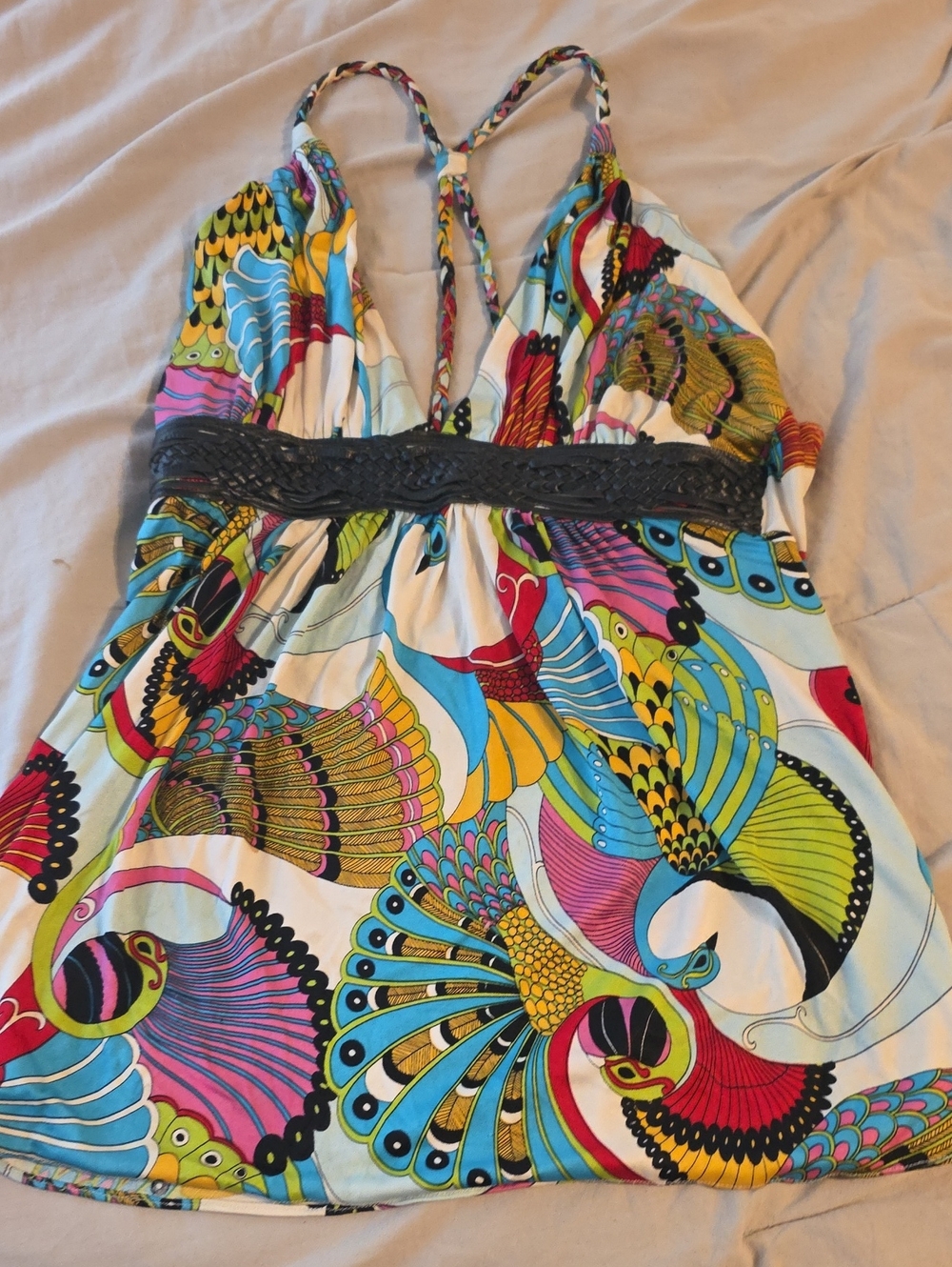 Sky Multicolor Printed Halter Bodysuit with Braided Black Waist